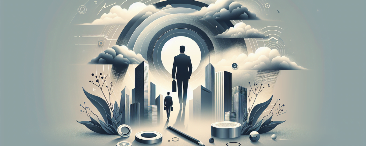 a wide, clean, and sleek digital illustration that is suitable as a feature image for a professional article. The image should signify the theme of navigating the storm of uncertainty associated with mid and senior management strategies in mergers and acquisitions. The overall look of the illustration is modern with a subtlety; the background should use soft, muted colors. Embrace a minimalist, sophisticated style with no text included, to perfect the composition fit for a professional article header.