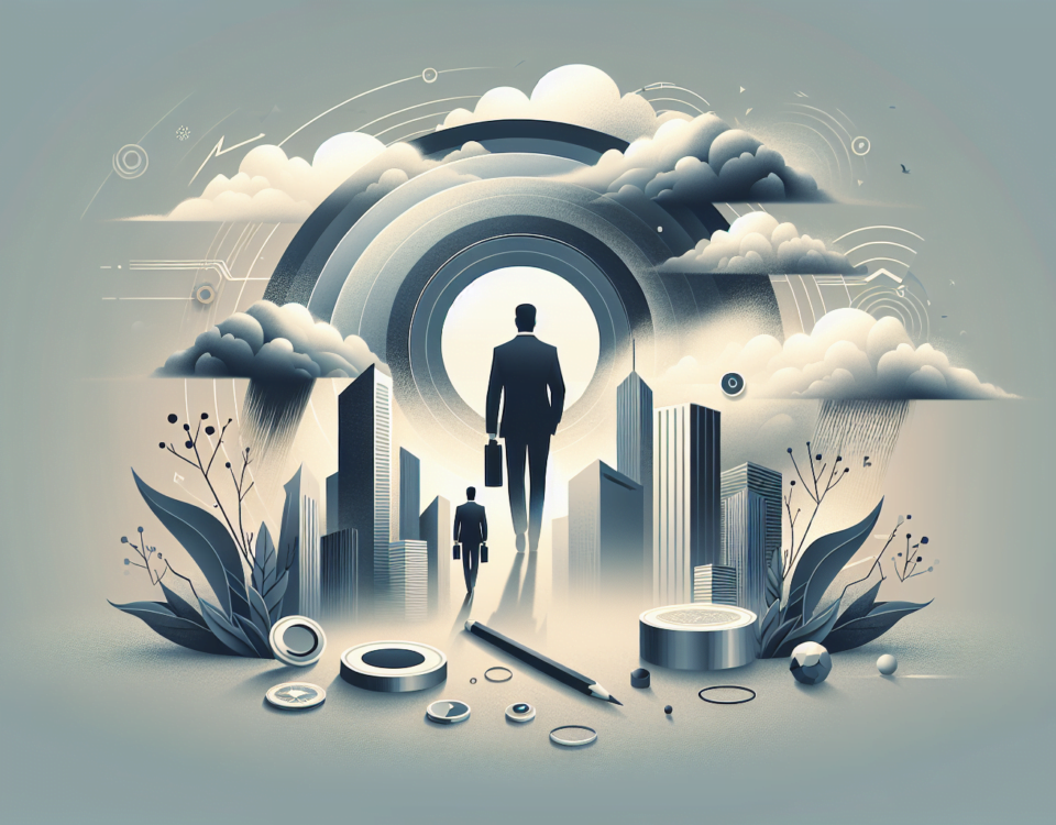 a wide, clean, and sleek digital illustration that is suitable as a feature image for a professional article. The image should signify the theme of navigating the storm of uncertainty associated with mid and senior management strategies in mergers and acquisitions. The overall look of the illustration is modern with a subtlety; the background should use soft, muted colors. Embrace a minimalist, sophisticated style with no text included, to perfect the composition fit for a professional article header.