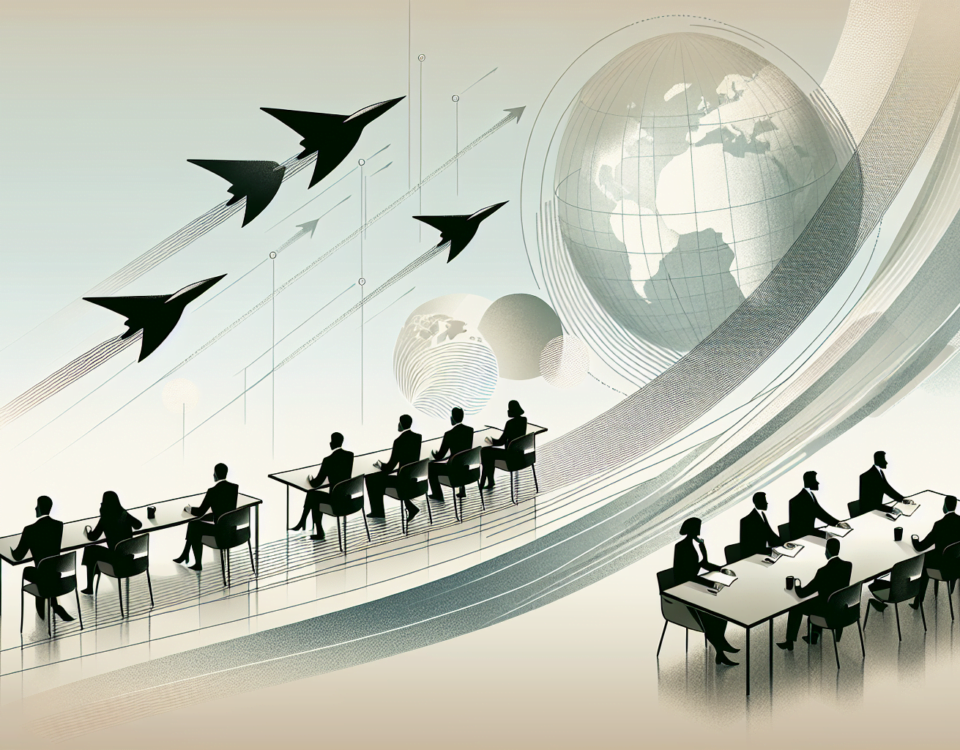 a wide, clean, and professional digital illustration. The image should have a sleek, modern aesthetic, suggesting a minimalist and sophisticated style which is ideal for a professional article header. It is meant to visually represent the concept of 'Navigating the Currents of Change: Essential Leadership Strategies for Steering Teams through Transformative Times'. Use a background with soft, muted colors to ensure subtlety. However, no text should be printed on the image.