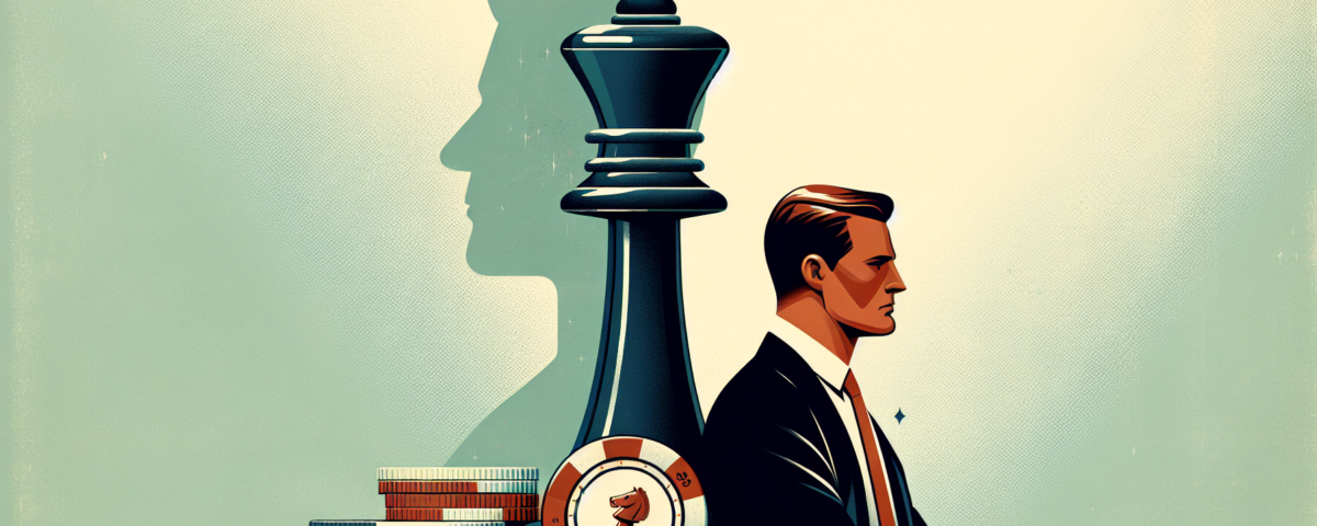 Generate a wide, professional digital illustration suitable as a feature image for an article. The design should showcase a sleek, modern look with a minimalist, sophisticated style. Imagine a betting scenario, ideally, an abstract representation of a confident bettor outsmarting an overconfident bookie. Think of chess pieces or coins that could subtly represent this. The background should be subtle, using soft, muted colors. Perfect for a professional article header but without any text printed on it.