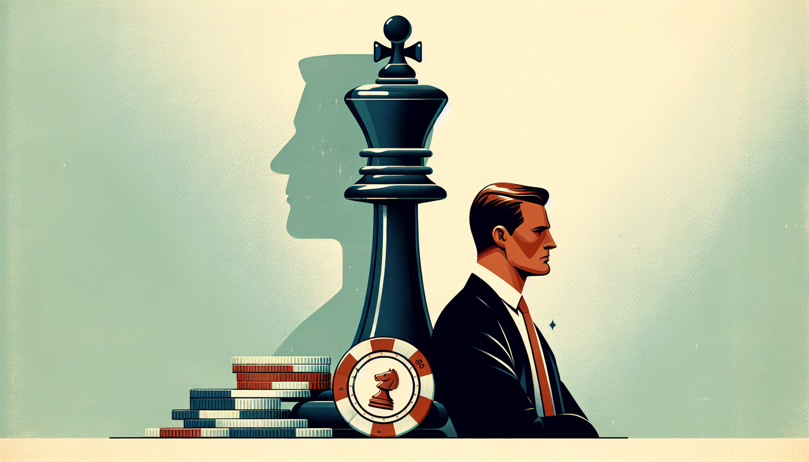 Generate a wide, professional digital illustration suitable as a feature image for an article. The design should showcase a sleek, modern look with a minimalist, sophisticated style. Imagine a betting scenario, ideally, an abstract representation of a confident bettor outsmarting an overconfident bookie. Think of chess pieces or coins that could subtly represent this. The background should be subtle, using soft, muted colors. Perfect for a professional article header but without any text printed on it.