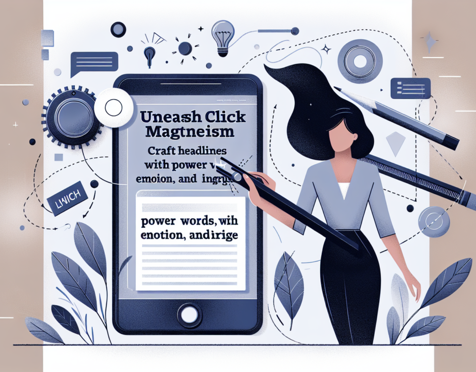 a wide, clean, and professional digital illustration that is intended to provide a visual component to an article entitled 'Unleash Click Magnetism: Craft Headlines with Power Words, Emotion, and Intrigue'. The visual design should have a sleek and modern feel, employing a sophisticated and minimalist style often seen in professional publications. The background should subtly make use of soft and muted colors to not compete with the main focus of the illustration.