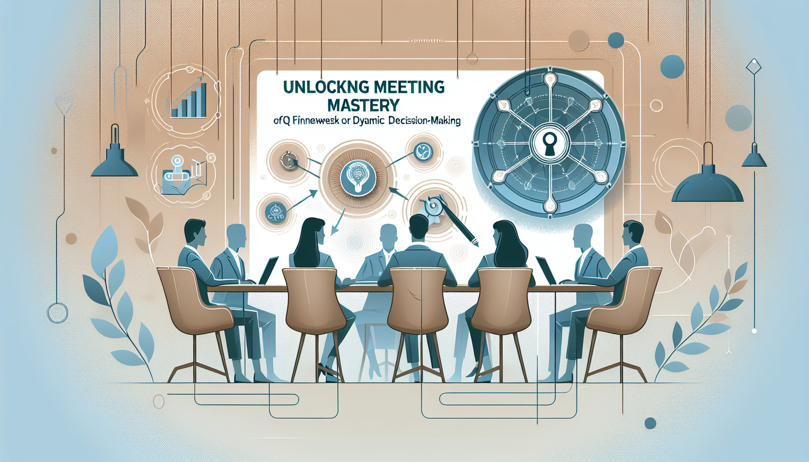 a wide, professional digital illustration suitable as a feature image for an article. The design should convey the concept of 'Unlocking Meeting Mastery: The OFQ Framework for Dynamic Decision-Making'. Emphasize a sleek, modern look, with subtlety being key in the background which uses soft, muted colors. The style is minimalist, sophisticated imaging it as the perfect header for a professional article. Note that there should be no text printed on the image.