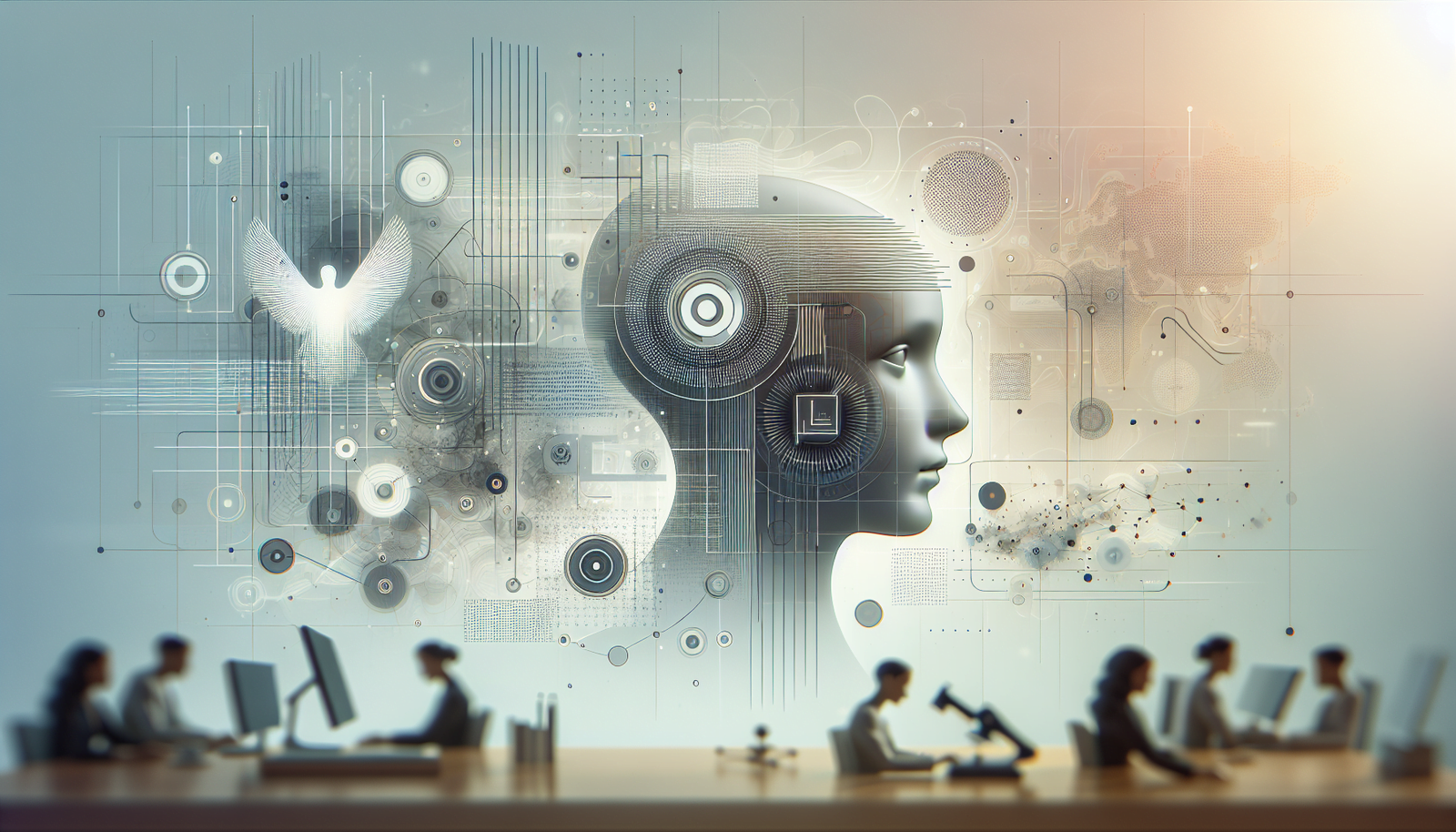 a wide, clean, and professional digital illustration that exudes a sleek and modern aesthetic. The design should be minimalist and sophisticated, suitable for a professional article header. The subject of the illustration is 'Embracing AI Reasoning: A Vision Beyond Human Limits in Law and Logic'. The image should hint at the intersection of technology, particularly artificial intelligence, and the fields of law and logic. Utilize subtle, soft, and muted colors for the background, making sure it does not distract from the main themes. No text should be included in the image.