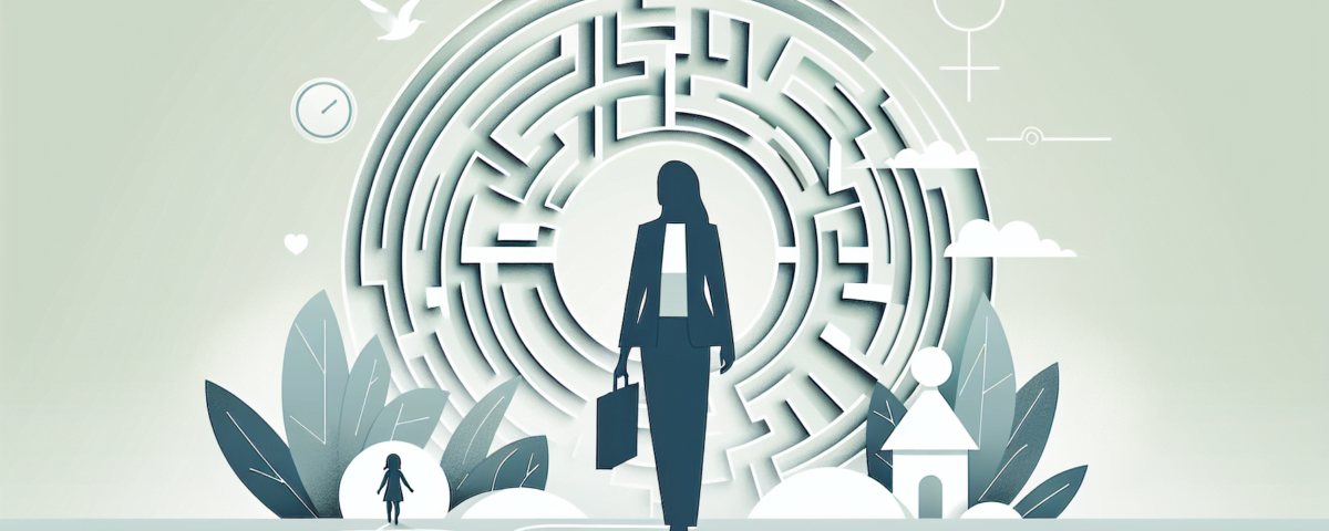 a digital illustration embodying the concept of navigating the maze of maternity leave in a professional setting. The minimalist design should feature sleek, modern elements, using soft, muted colors to create a sophisticated background. The scene should feel clean and suitable for a professional article's feature image. The key elements might include abstract representations of a maze, a silhouette depicting a professional female figure, and subtle symbols of maternity and childcare. Importantly, the image should not contain any text.