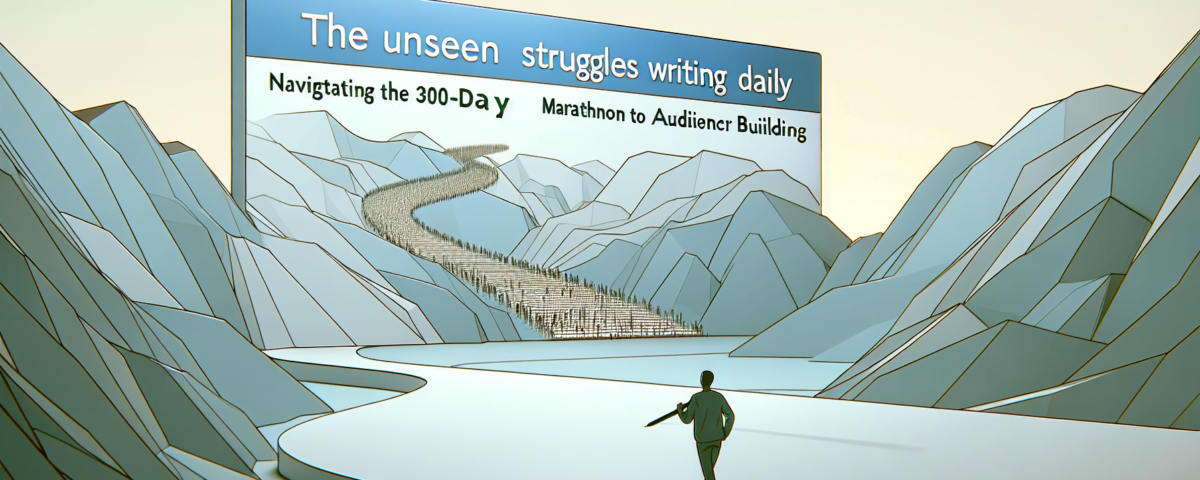 A wide, clean, and professional digital illustration, suitable for a feature image of an article. The scene displays a metaphorical representation of the concept 'The Unseen Struggles of Writing Daily: Navigating the 300-Day Marathon to Audience Building'. The style is minimalist, sleek, and modern. The background is subtle and adopts soft, muted colors representing the struggles, while a figure calmly yet purposefully navigates this landscape, adding an element of sophistication. There are no words shown within the image.