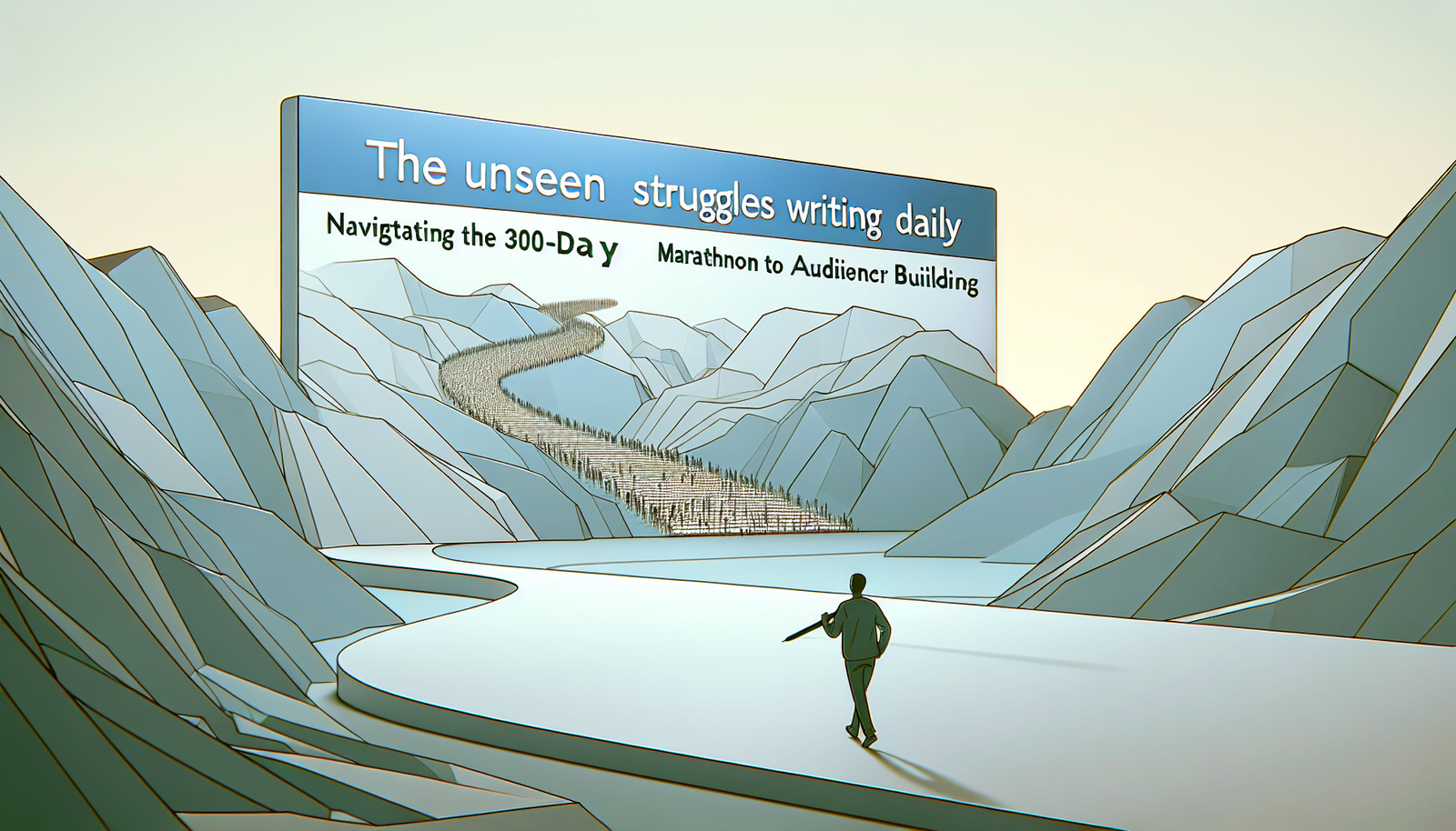 A wide, clean, and professional digital illustration, suitable for a feature image of an article. The scene displays a metaphorical representation of the concept 'The Unseen Struggles of Writing Daily: Navigating the 300-Day Marathon to Audience Building'. The style is minimalist, sleek, and modern. The background is subtle and adopts soft, muted colors representing the struggles, while a figure calmly yet purposefully navigates this landscape, adding an element of sophistication. There are no words shown within the image.