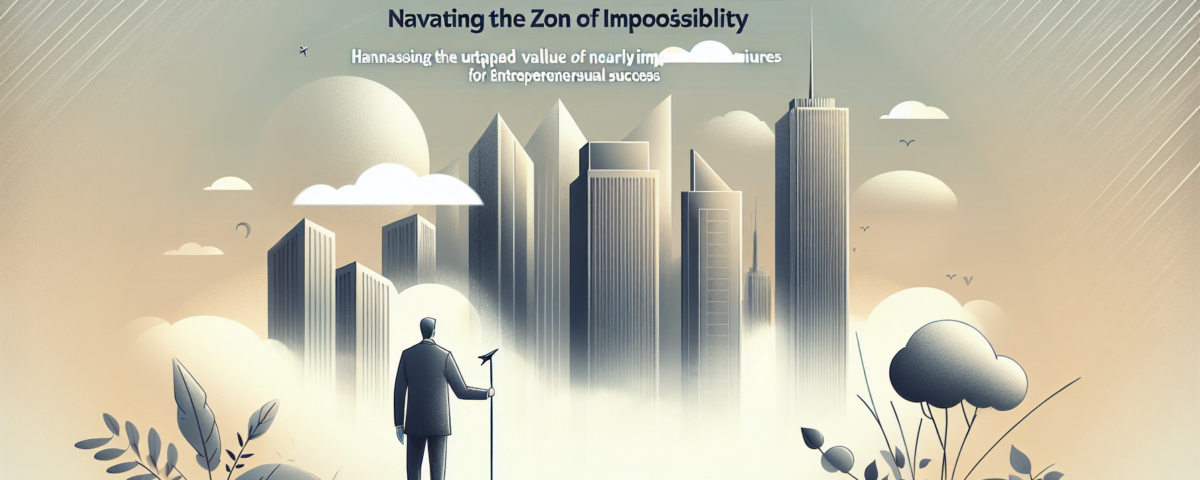 a digital illustration that is wide and clean, perfect for an article's feature image. It should convey the concept of 'Navigating the Zone of Impossibility: Harnessing the Untapped Value of Nearly Impossible Ventures for Entrepreneurial Success'. The image should have a sleek, modern look, using a minimalist and sophisticated style. The background must be subtle, adorned with soft, muted colors, well-suited for a professional article header. The image should not contain any printed text.