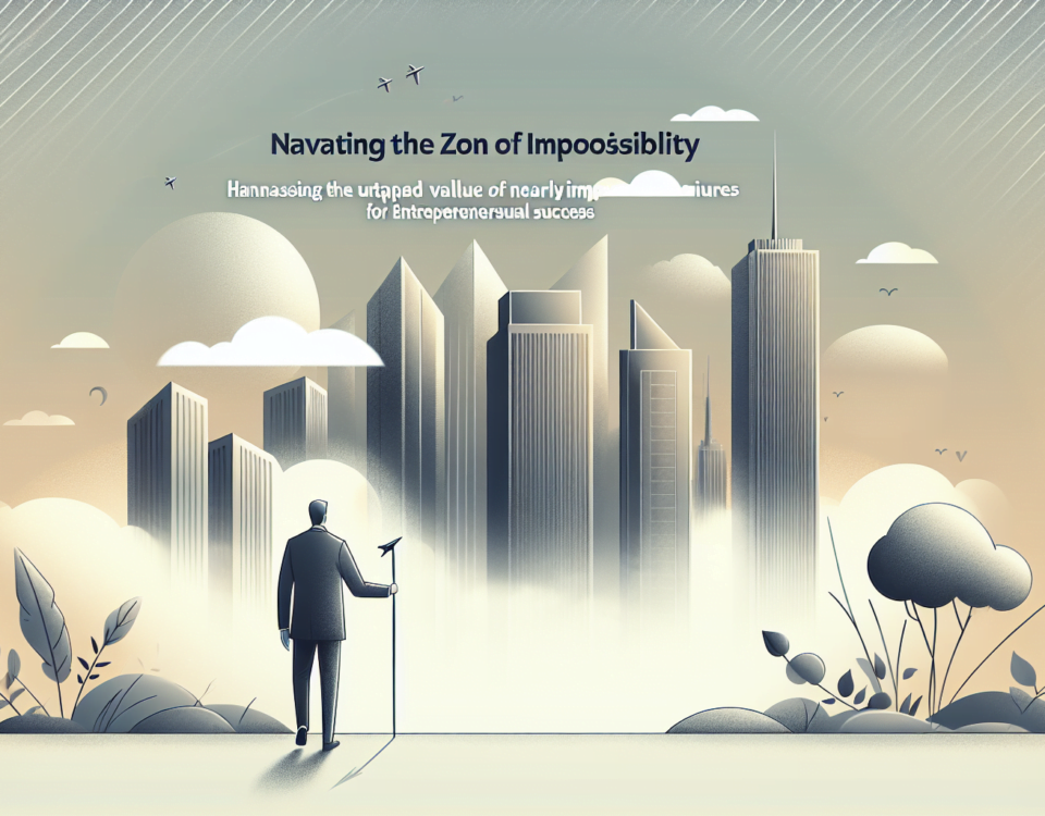 a digital illustration that is wide and clean, perfect for an article's feature image. It should convey the concept of 'Navigating the Zone of Impossibility: Harnessing the Untapped Value of Nearly Impossible Ventures for Entrepreneurial Success'. The image should have a sleek, modern look, using a minimalist and sophisticated style. The background must be subtle, adorned with soft, muted colors, well-suited for a professional article header. The image should not contain any printed text.