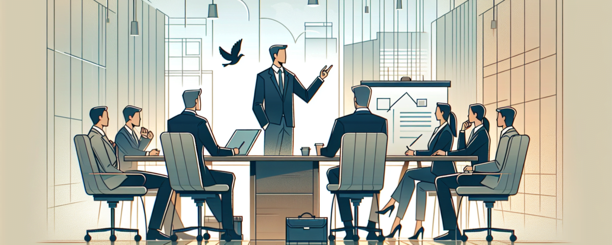 a wide, clean, and professional digital illustration suited as a feature image for a project management related article. The design should project a modern, sleek vibe using minimalist, sophisticated aesthetics. Use soft, muted colors for a subtle background. The scene should metaphorically denote mastering the art of thoughtful questioning in an office meeting setup, ensuring it aligns with an ambiance perfect for a professional article header. Please note, the image should not include any textual content.