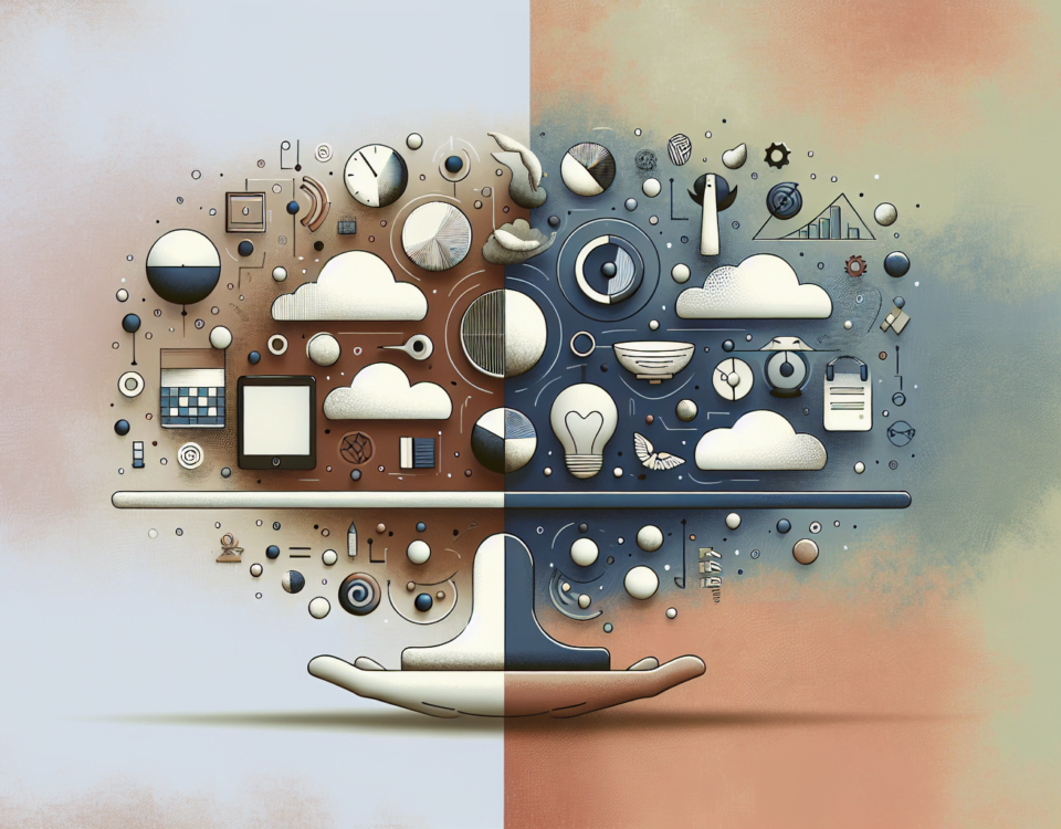 a wide, professional digital illustration that is suitable for use as a feature image for a professional article. The style should be minimalist and sophisticated, with a modern look. The background should consist of soft, muted colors that add to the subtlety of the image. The composition should represent the theme of balancing creative innovation and widespread conventional methods, without any specific text printed on the image. This abstract notion could be symbolized through contrasting visual elements or iconography, reflecting the trade-off between ease of communication and innovative stagnation.