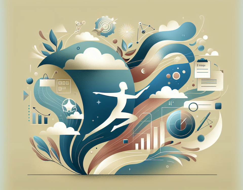 a wide digital illustration that radiates a clean and professional atmosphere, suitable as a feature image for an article. The imagery should convey the theme of transforming overwhelm into triumph, perhaps shown through symbolic elements such as an abstract person managing tasks efficiently, depicted in a minimalist and sophisticated style. The design should carry a sleek, modern look, incorporating soft and muted colors in the background. The overall style should fit well as a professional article header. Please avoid including any text in the image.