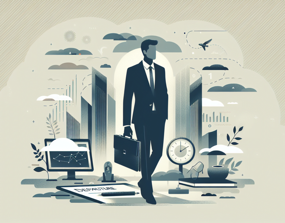 a wide, polished digital illustration that can be used as a feature image for an article. The theme is about strategical departure from a job without causing any interruptions. Incorporate a minimalist and high-class look that is suitable for a professional article header. Utilize a background with soft, muted hues to add a modern, subtle touch to the design. Do bear in mind not to include any textual elements on the image.