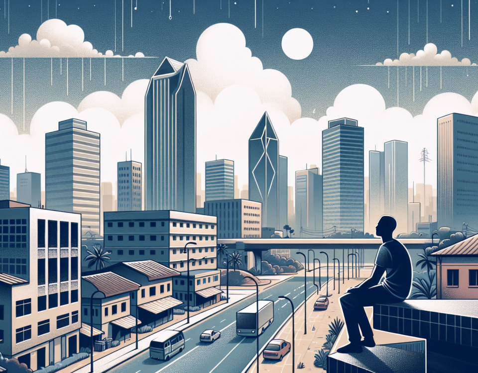 a wide, clean, and professional digital illustration suitable as a feature image for an article. The image should portray the serenity amidst the hustle and bustle of a cityscape, which is supposed to represent Lagos. The illustration should incorporate elements that signify the life of a software engineer in a way that suggests quietude and reflection. The style of the design should be sleek and modern, with a minimalist and sophisticated touch. The background should be subdued, consisting of soft and muted colors, highlighting the sense of calmness amid the city's chaos.