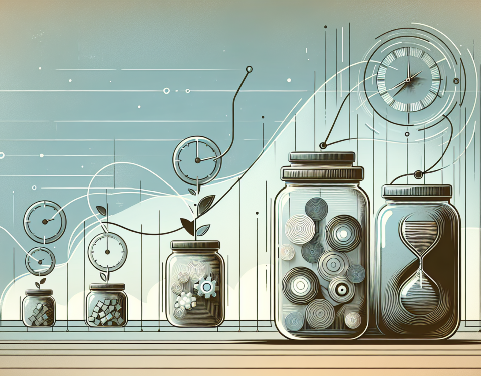 a wide, digital illustration suitable for a professional article. The main focus of the image should be a representation of the concept of time management via a symbolic representation of the '6 Jars System'. Compose the image in a sleek, modern visual language. The background design should be subtle, featuring soft, muted colors. Let the style of the overall image be minimalistic and sophisticated, enhancing its suitability for a professional article header. Please refrain from printing any text on the image.