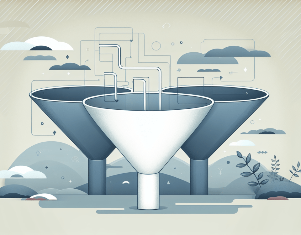 a digital illustration that is vast and professional, ideal for being the featured image for an article about marketing funnels. The design should be sleek with a modern feeling. The backdrop should be subtle and designed using gentle, subdued hues. The overall style should be minimalist and sophisticated, capturing the perfect essence of a header for a professional article. The image does not require any text.