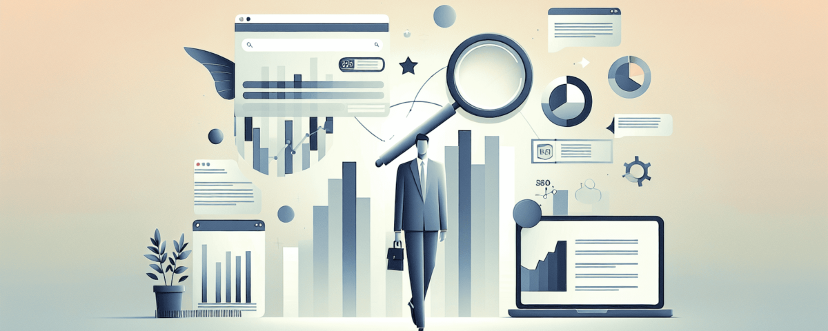 a wide and professional digital illustration which is suitable as a feature image for a professional article. The design should incorporate a sleek, modern look with a minimalist and sophisticated style. The background should be subtle, using soft, muted colors to not overpower the minimalist feel. Visual elements that hint at the theme of SEO metrics and KPIs, while embodying the concept of 'Shedding Vanity' can be included. However, no text should be present in the image.