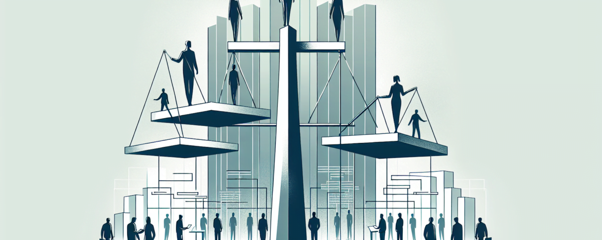 a digital illustration suited for the header of an article about successful leadership and the balance between people, processes, and products. The image should be wide, sleek, and modern, with a minimalist and sophisticated style. The color palette should consist of soft, muted hues for a subtle background. This professional-level, digital artwork should use clean lines and airy design elements to portray the concept of mastering a matrix system in leadership. Do not include any text in the image.