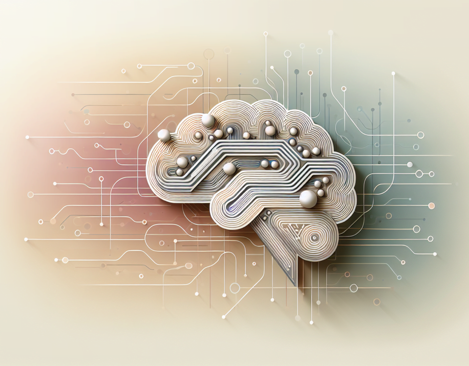 a professional, digital illustration that showcases a minimalist and sophisticated design. This design will serve as a feature image for an article without any text on the image. The style should emphasize a modern, sleek aesthetic with soft, muted colors forming a subtle background. The image should convey the advanced concept of AI technology intersecting with neuroscience to revolutionize consumer market research. This could perhaps be represented by intricate, futuristic circuitry converging with a stylized, abstract shape of a human brain.