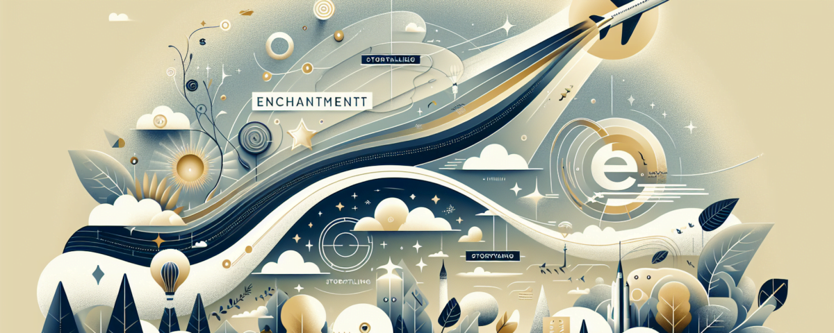 an expansive and neat digital illustration that would serve as an outstanding feature image for an article. The style should be modern and sleek, while maintaining a subtle background through the use of soft and muted colors. The image should portray a minimalist, sophisticated aesthetic appropriate for a professional article header. Elements symbolizing enchantment, storytelling, and brand evolution could be incorporated to align it with the theme of propelling a brand from obscurity to fame, however, the image should not include any text.