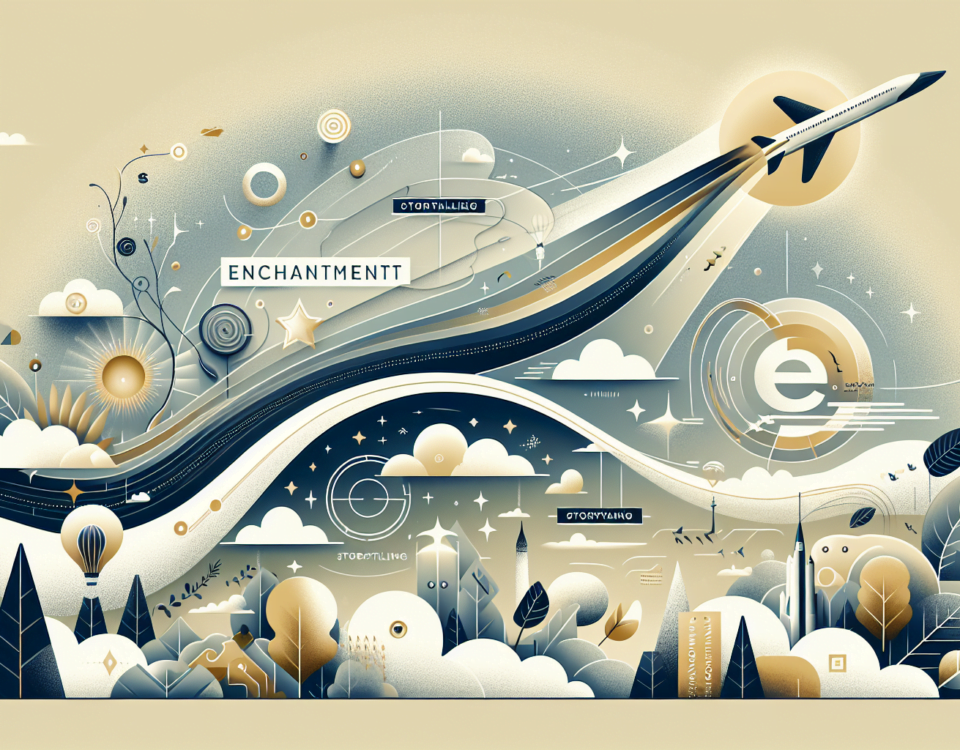 an expansive and neat digital illustration that would serve as an outstanding feature image for an article. The style should be modern and sleek, while maintaining a subtle background through the use of soft and muted colors. The image should portray a minimalist, sophisticated aesthetic appropriate for a professional article header. Elements symbolizing enchantment, storytelling, and brand evolution could be incorporated to align it with the theme of propelling a brand from obscurity to fame, however, the image should not include any text.