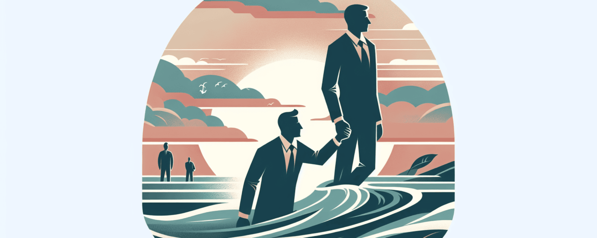 a digital illustration appropriate for a professional online article header. The theme of the artwork should be 'Navigating Tough Leadership Waters.' It should subtly depict the challenging process of managing, including the emotional moment of letting an employee go. The style needs to be minimalist and sophisticated. The color scheme should involve soft, muted tones to yield a clean, modern look. However, please ensure that the overall impression remains upbeat and encouraging, signifying personal growth and becoming a stronger leader through these experiences.