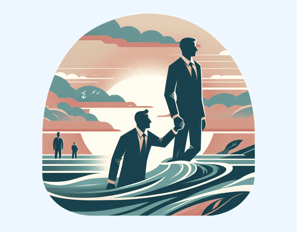 a digital illustration appropriate for a professional online article header. The theme of the artwork should be 'Navigating Tough Leadership Waters.' It should subtly depict the challenging process of managing, including the emotional moment of letting an employee go. The style needs to be minimalist and sophisticated. The color scheme should involve soft, muted tones to yield a clean, modern look. However, please ensure that the overall impression remains upbeat and encouraging, signifying personal growth and becoming a stronger leader through these experiences.