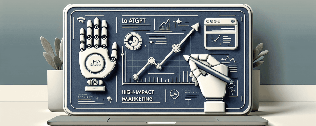 a wide, clean, and professional digital illustration suitable as a feature image for an article. The design should have a sleek, modern look. The illustration should depict the themes of artificial intelligence and marketing, possibly signified through subtle symbols such as a robotic hand writing on a whiteboard, and a graph chart going upwards, emphasizing 'ChatGPT', 'High-Impact Marketing', and 'Breakthrough AI Engagement'. The background should be subtle, using soft, muted colors. The style is minimalist, sophisticated, and ideal for a professional article header.