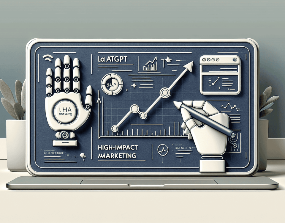a wide, clean, and professional digital illustration suitable as a feature image for an article. The design should have a sleek, modern look. The illustration should depict the themes of artificial intelligence and marketing, possibly signified through subtle symbols such as a robotic hand writing on a whiteboard, and a graph chart going upwards, emphasizing 'ChatGPT', 'High-Impact Marketing', and 'Breakthrough AI Engagement'. The background should be subtle, using soft, muted colors. The style is minimalist, sophisticated, and ideal for a professional article header.