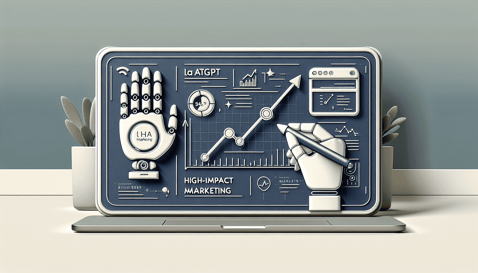 a wide, clean, and professional digital illustration suitable as a feature image for an article. The design should have a sleek, modern look. The illustration should depict the themes of artificial intelligence and marketing, possibly signified through subtle symbols such as a robotic hand writing on a whiteboard, and a graph chart going upwards, emphasizing 'ChatGPT', 'High-Impact Marketing', and 'Breakthrough AI Engagement'. The background should be subtle, using soft, muted colors. The style is minimalist, sophisticated, and ideal for a professional article header.