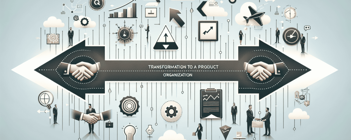 a wide, clean and professional digital illustration suitable for an article about 'transformation to a product-led organization'. The image should feature key strategies and symbols related to this - a divergent arrow, a roadmap, icons of products, and handshakes for successful collaboration. The design should be sleek and modern, with a minimalist and sophisticated style, reflective of the professional nature of the intended publication. The background should be rendered in soft, muted colors, accentuating the important elements of the image. No text should be printed on the image.