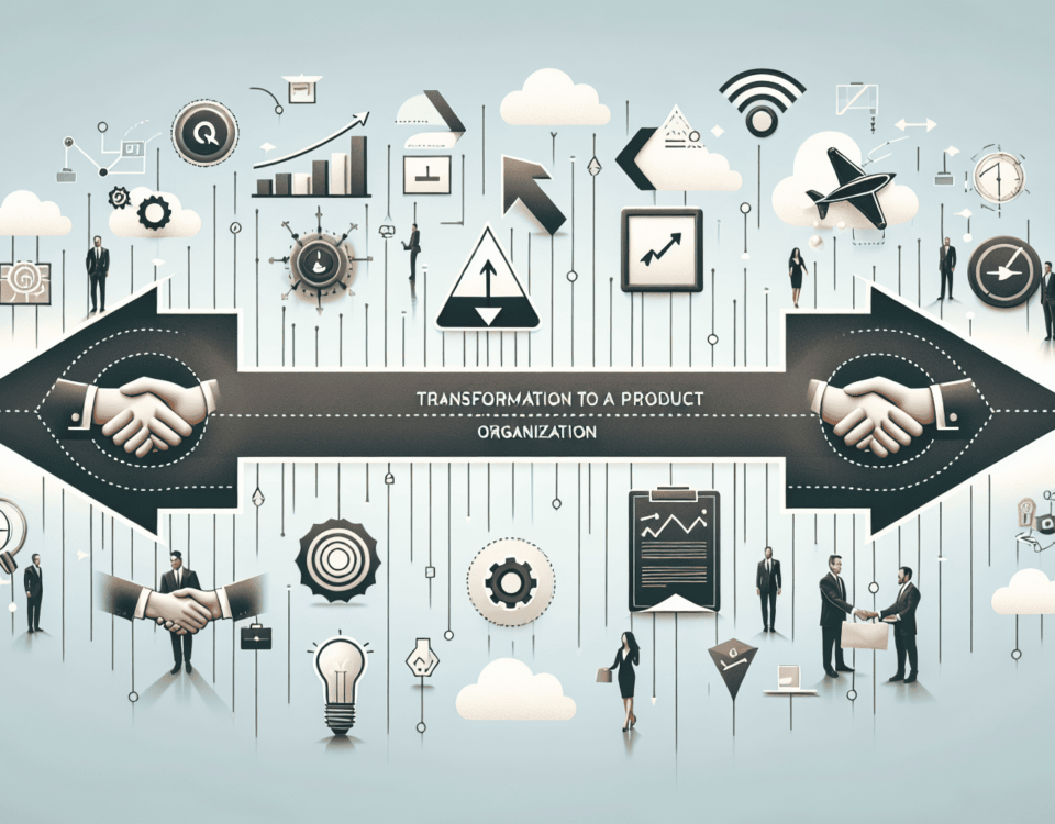 a wide, clean and professional digital illustration suitable for an article about 'transformation to a product-led organization'. The image should feature key strategies and symbols related to this - a divergent arrow, a roadmap, icons of products, and handshakes for successful collaboration. The design should be sleek and modern, with a minimalist and sophisticated style, reflective of the professional nature of the intended publication. The background should be rendered in soft, muted colors, accentuating the important elements of the image. No text should be printed on the image.