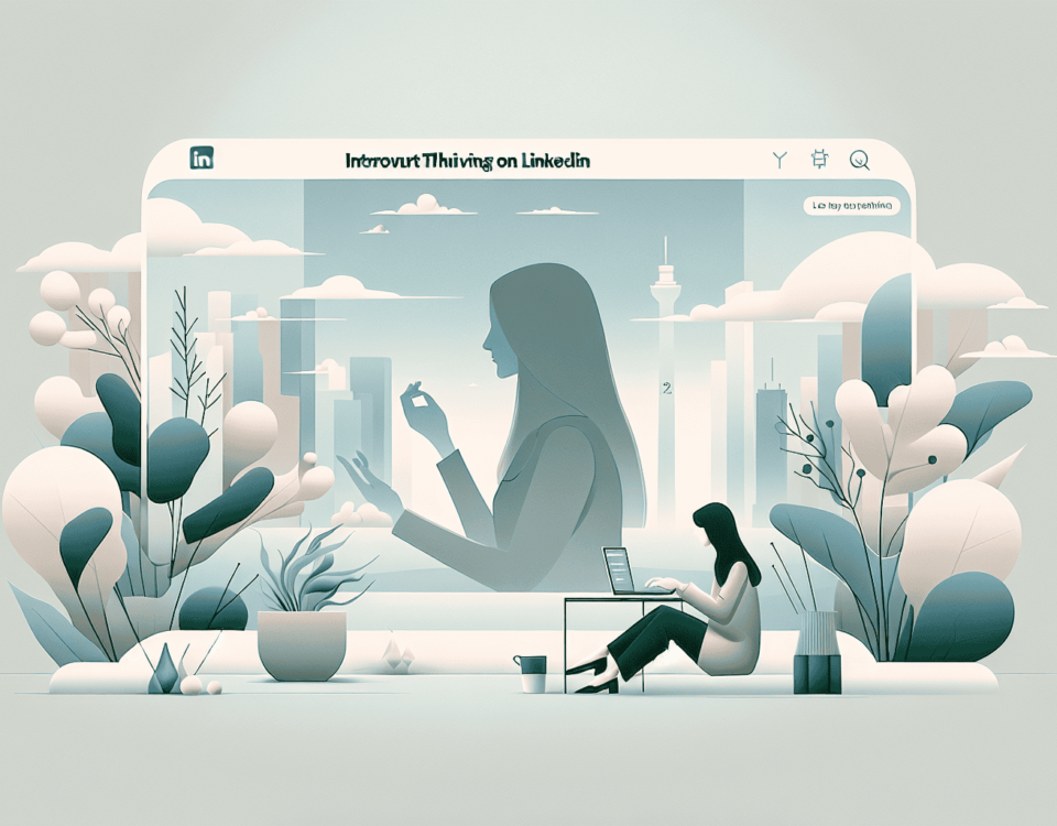 a sophisticated digital illustration that evokes the experience of an introvert thriving on LinkedIn, rendered with muted colors and minimalist elements. The image should have a sleek, modern aesthetic, exhibiting a sense of professionalism. It should be wide and clean, suitable for an article's header image. The background should incorporate soft, subtle shades that lend an understated elegance to the design. Remember, no text should be included within the image. Let the visuals alone symbolize 120 days of posting, generating leads, and learning valuable lessons.